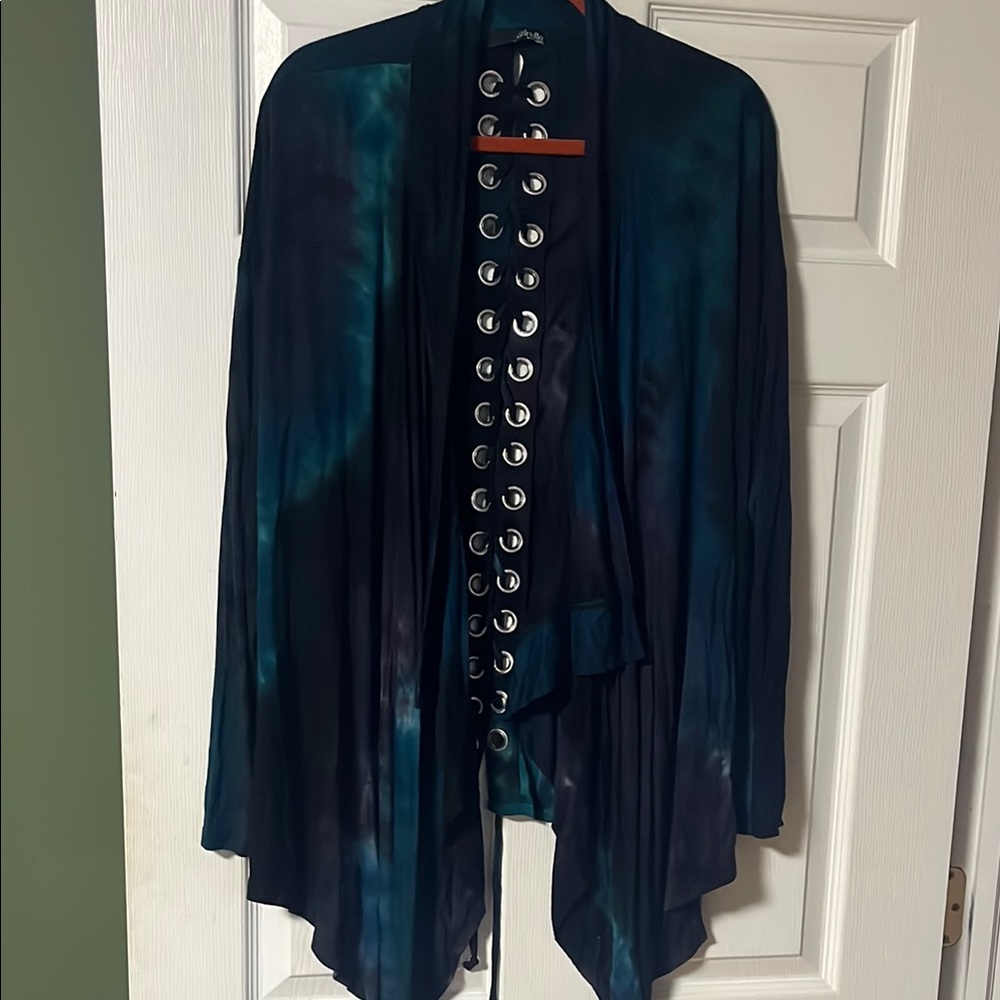 Ariella Teal and Navy Cardigan with Grommet Accents